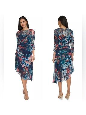 Calvin Klein Floral Navy Asymmetrical Midi Dress with Sheer Overlay. Size 16